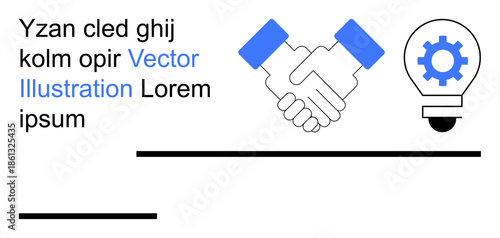 Business partnerships, innovation, teamwork, idea generation, collaboration, solution creation. Handshake and a gear inside a lightbulb cooperation and innovation. Collaboration and teamwork concept