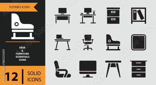 Desk and office furniture essentials: a collection of 12 solid icons for modern workplaces