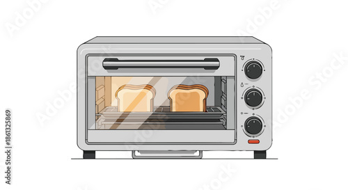 Modern toaster oven with two bread slices inside, heating up for a crispy breakfast. A sleek kitchen appliance for quick and delicious morning meals