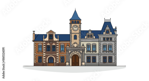 An exquisite depiction of classic European urban architecture, featuring a majestic central clock tower and elaborately designed facades, creating a