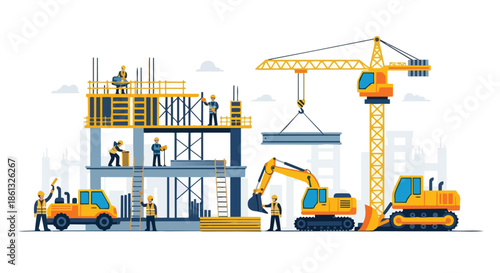 Dynamic construction site showcasing diligent workers and heavy machinery engaged in modern urban development.