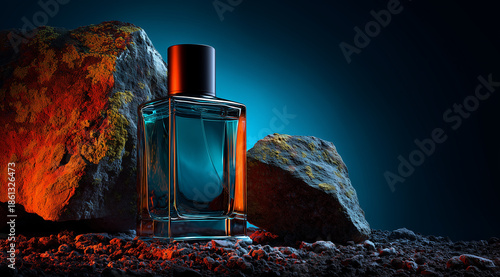 Modern perfume bottle stands on rugged rock with dynamic orange and blue light, showcasing luxury fragrance and natural elements for a bold statement.