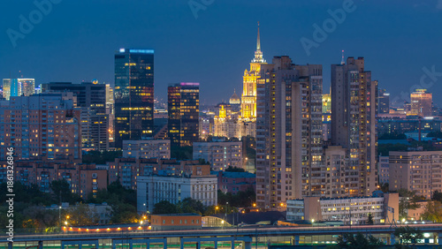 Photography Aerial view to cityscape skyline with World Trade Center towers and hotel Ukraine day to night timelapse in Moscow, Russia