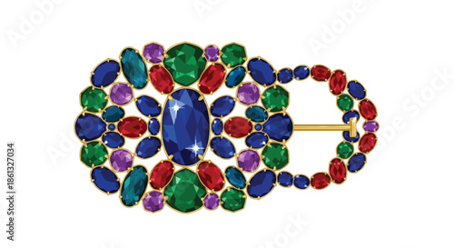 A magnificent illustration of a luxuriously ornate buckle, brilliantly adorned with a captivating assortment of vibrant faceted precious gemstones