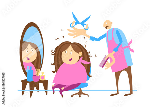 Flat vector cartoon illustration of a professional bald barber giving a haircut to a woman with thick hair. Beauty salon scene, inclusive service concept.