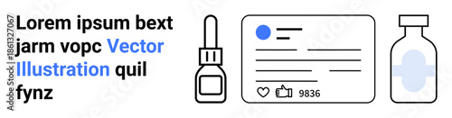 Healthcare branding, online communication, pharmacy marketing, medical education, product promotion, pharmaceutical packaging. Dropper, profile card and vial icons. Healthcare branding pharmacy