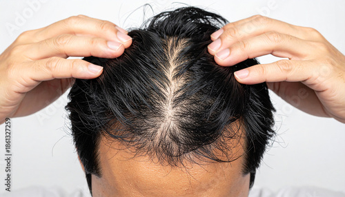 分け目が大きく目立つ薄毛の日本人頭皮イメージのマクロ質感素材 – Japanese Scalp Texture with Very Sparse Hair and Wide Part Line
