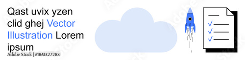 Cloud storage, innovation, productivity, data management, business solutions, project planning. A cloud, a rocket launching and a checklist document. Cloud storage and innovation concepts