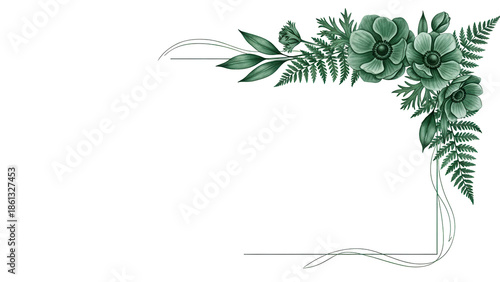 Minimal luxury watercolor floral frame corner with anemones and ferns in deep emerald green isolated on white background