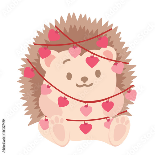 Adorable little hedgehog tangled in heart garland. Valentines Day vector illustration ideal for romantic cards, children designs, love banners, invitations, and holiday promotions