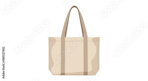 A minimalist flat vector illustration of an empty beige canvas tote bag with dual handles, perfect for sustainable shopping, eco-friendly