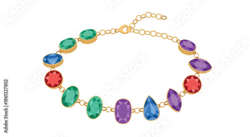 A vibrant gold chain bracelet showcasing an exquisite array of polished, multicolored gemstones in diverse shapes, perfect for elegant fashion