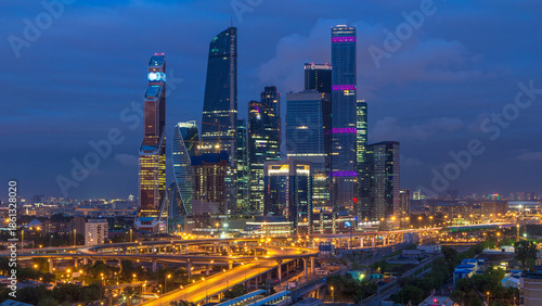 Business complex of skyscrapers Moscow city day to night timelapse.