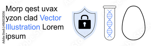Cybersecurity, data protection, genetic research, healthcare, biometrics, privacy. Lock icon on shield, DNA strand in test tube and abstract forms. Cybersecurity and data protection