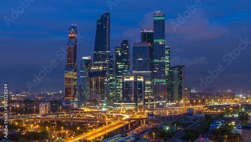 Business complex of skyscrapers Moscow city day to night timelapse.
