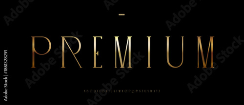 Premium golden font logo alphabet elegant serif typography, thin narrow condensed letters for premium product, beauty industry logo, luxury branding, gold vintage headline fonts. Vector logos typeset