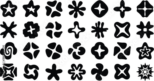 Abstract spark icon set, starburst vector collection, twinkle shine symbols, geometric flower shapes, y2k aesthetic graphic elements, black decorative silhouettes, minimal.
