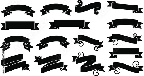 Black ribbon banner set, decorative silhouette vector collection, retro scroll labels, heraldic flag icons, elegant curved text frames, ornamental border elements.