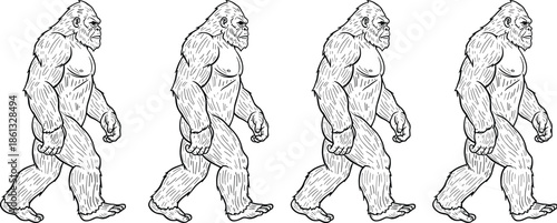 Bigfoot walking illustration set, Sasquatch creature drawing vector, mythical forest monster icons, legendary primate character sketches, hairy ape man art, black.