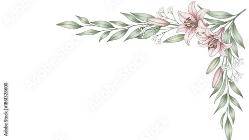 Minimal watercolor botanical corner design with lilies and baby's breath in sage green and blush isolated on white background