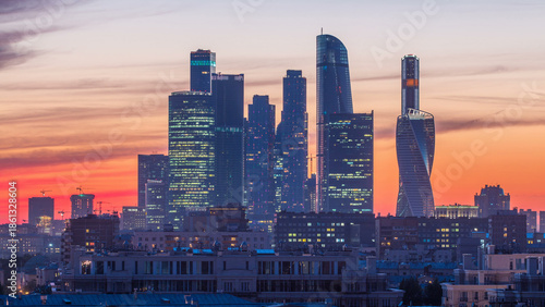Moscow International Business Center and Moscow urban skyline after sunset day to night timelapse