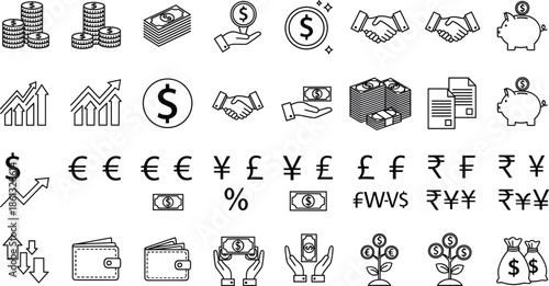 Finance icon set, money and banking vector collection, currency symbols, business growth charts, investment savings piggy bank, handshake partnership graphics, black.