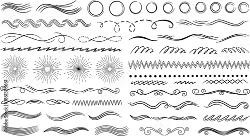Hand drawn decorative dividers set, brush stroke line vector collection, flourish swirl ornaments, doodle border elements, squiggles and underline sketches.
