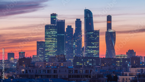 Photography Moscow International Business Center and Moscow urban skyline after sunset day t