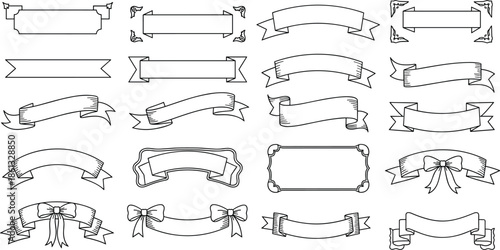 Vintage ribbon banner set, decorative frame vector collection, retro label outline icons, hand drawn heraldic scrolls, wedding invitation border elements, black.