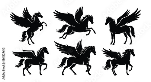 Silhouette illustrations of pegasus horses with wings in different poses