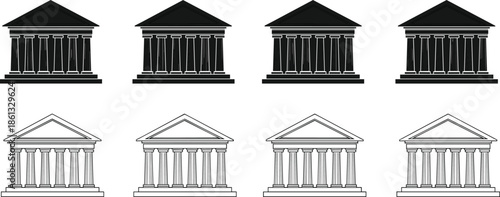 Classical courthouse and government building icon set with columned facades, representing justice, law, democracy, institutions, and ancient architecture concepts isolated on white