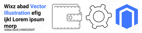 Finance, settings, security, banking services, digital tools, and privacy. A wallet, gear and shield icon arranged side by side. Finance and security illustrated visually
