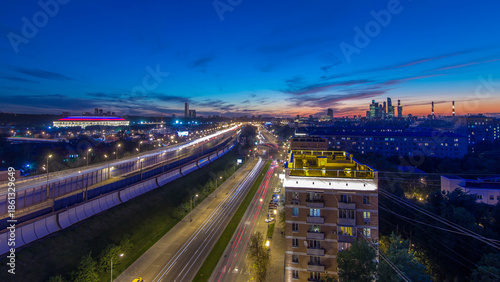The Third Ring Road after sunset day to night timelapse aerial view from rooftop. Moscow, Russia.