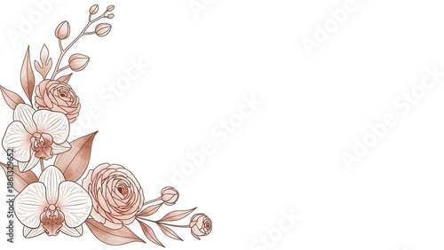 Minimal watercolor corner design featuring orchids and ranunculus in muted terracotta isolated on white background