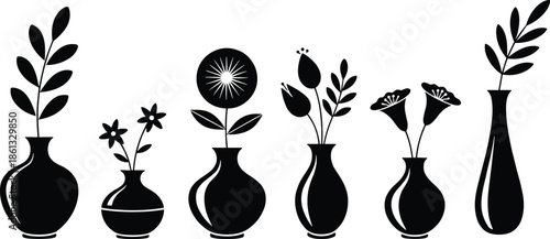 Decorative flower vase silhouette icon set featuring floral arrangements and plants, ideal for home decor, interior design, botanical art, and modern styling concepts