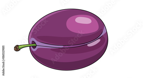 A charming cartoon illustration of a single, plump purple plum with a vibrant green stem, highlighting its natural sweetness and fresh appeal. Ideal