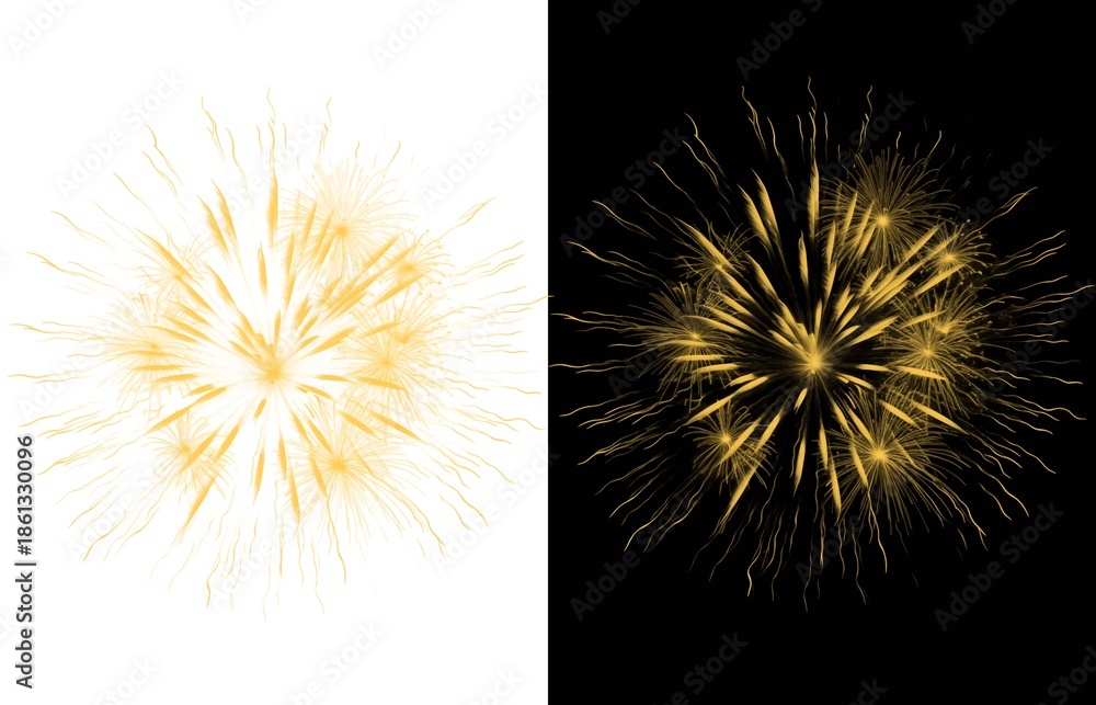 Fototapeta premium set of yellow fireworks on black and white background, for New Year's and Christmas celebrations 
