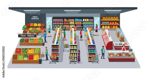 A modern supermarket illustration. Diverse shoppers fill their carts from fresh produce, packaged goods aisles, interacting with deli counter staff.
