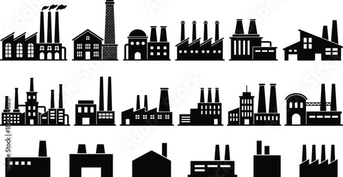 Industrial factory and plant silhouettes set illustrating manufacturing buildings, power stations, warehouses, and production facilities for industry, energy, and urban infrastructure concepts