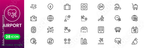 Airport and travel icons aviation transport flight terminal airline flat vector UI symbols modern pack