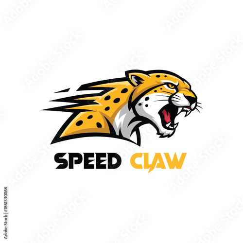 Fierce cheetah head mascot with open mouth sharp teeth speed lines and Speed Claw text aggressive emblem for esports gaming team logo fast predator vector graphic