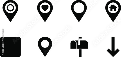 Map location pin and navigation icon set including home marker, favorite place, mailbox, arrow, and interface symbols for GPS, mapping, and direction concepts