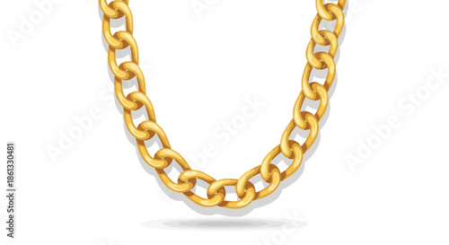 Elegant golden chain links forming a U-shape. Each polished segment shines with metallic brilliance against a simple white backdrop. Represents