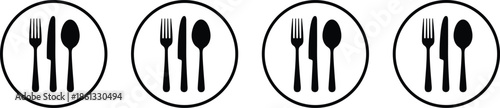 Minimalist cutlery plate icons set representing restaurant rating, food quality, dining review, hospitality service level, and culinary evaluation concept isolated on white background