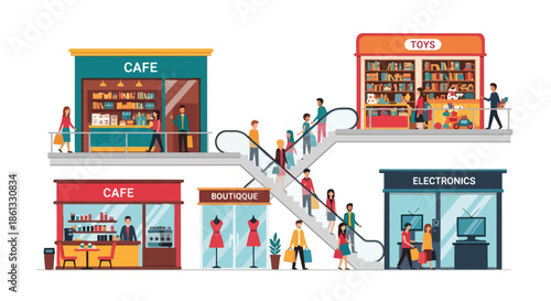 Vibrant multi-level shopping center showcasing diverse retail experiences and active customer engagement across various specialty stores and cafes