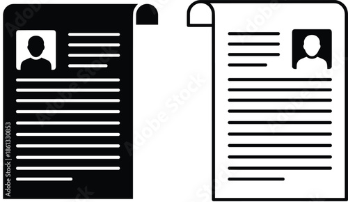 Resume and document profile icon set showing curriculum vitae pages with user photo and text layout, representing recruitment, hiring, human resources, and professional application concepts
