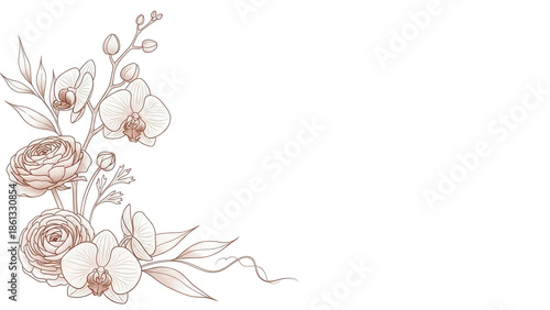Minimal watercolor corner design featuring orchids and ranunculus in muted terracotta isolated on white background