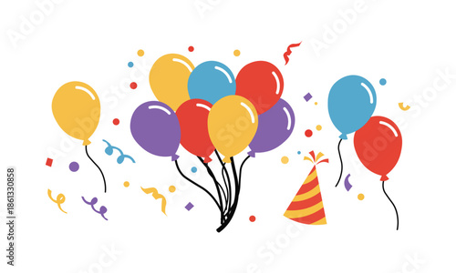 Colorful party balloons bunch with confetti streamers and party hat celebration design for birthday New Year festive holiday decoration vector graphic