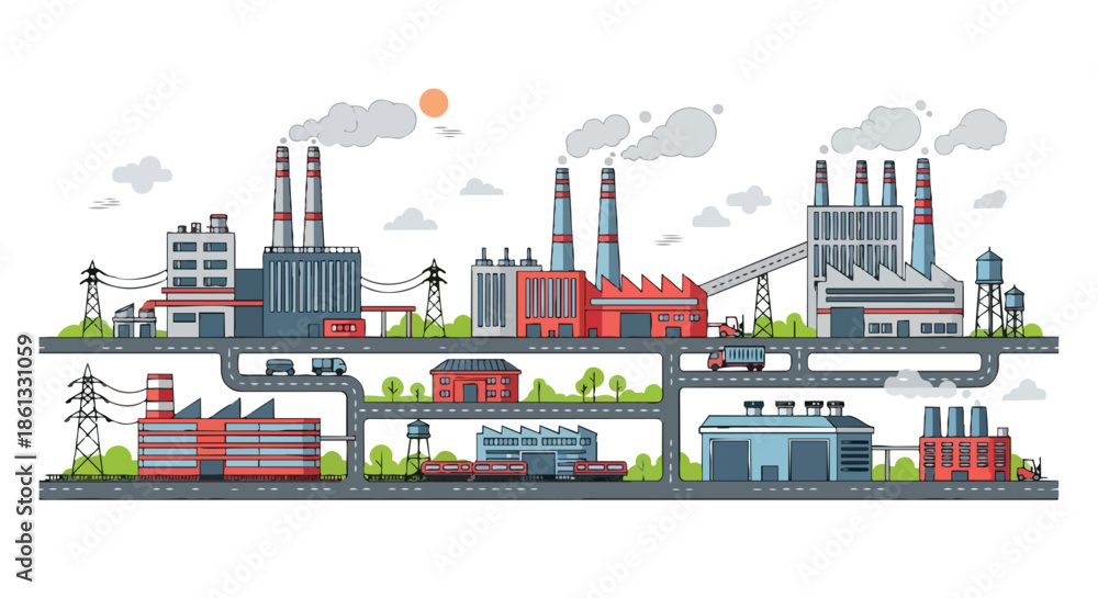 Obraz premium Industrial landscape with factories, smoking chimneys, roads, vehicles, trains on railways, power lines, illustrating urban growth.