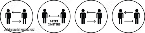 Social distancing safety sign icon set showing people keeping six feet or two meters apart, representing public health, pandemic prevention, and safety awareness guidelines